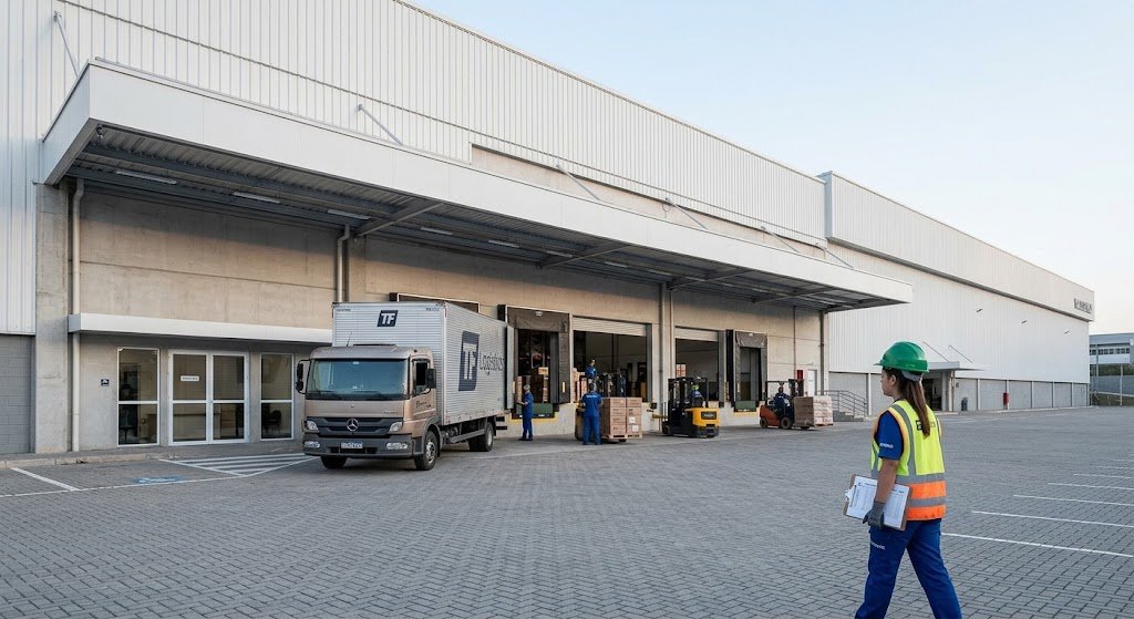Warehouse Assistant Track&Field employee walking with clipboard at TFSports loading dock in Barueri