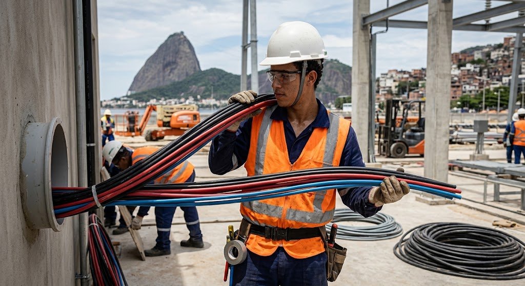 Electrical assistant carrying electrical cables at an industrial job site in Rio de Janeiro with Sugarloaf Mountain in the background.