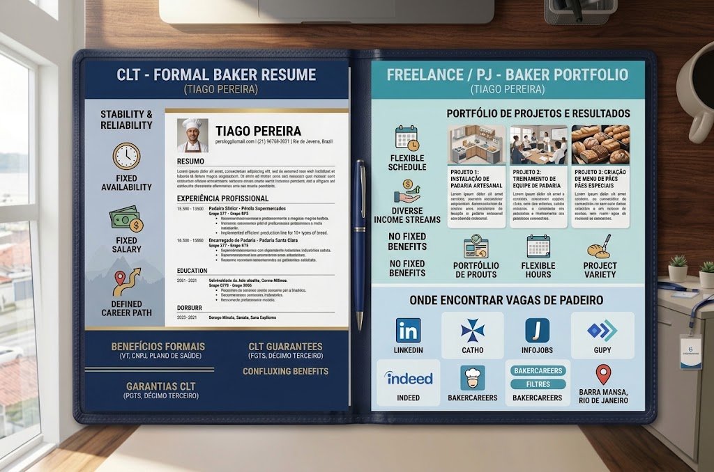 An infographic comparing a formal CLT Baker Job resume featuring fixed schedule and stability against a Freelancer/PJ Baker Job portfolio highlighting project variety and key job platforms like LinkedIn and Indeed.