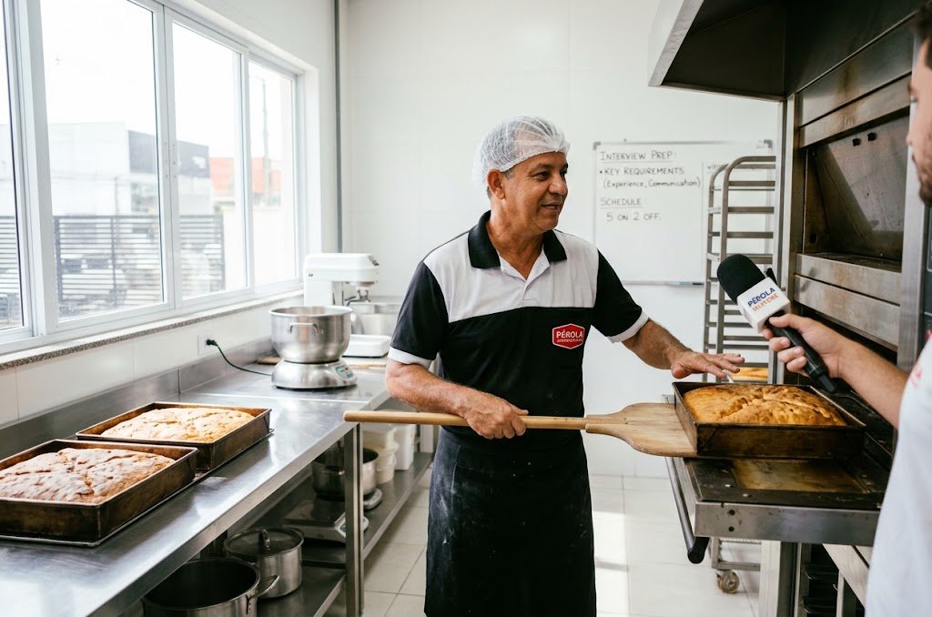 Baker Job – friendly baker holding fresh bread tray at Pérola Supermercados