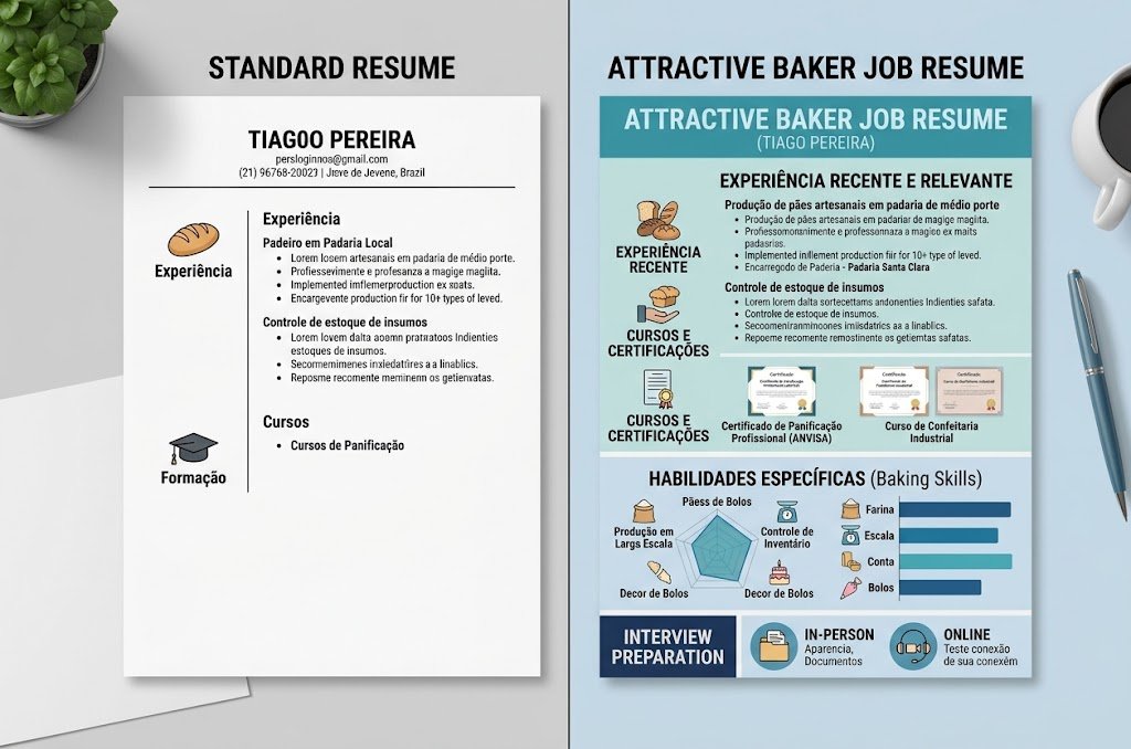 An visual guide for a Baker Job comparing standard resume structure with an attractive resume layout highlighting baking skills, recent experience, ANVISA certifications, and interview prep tips.