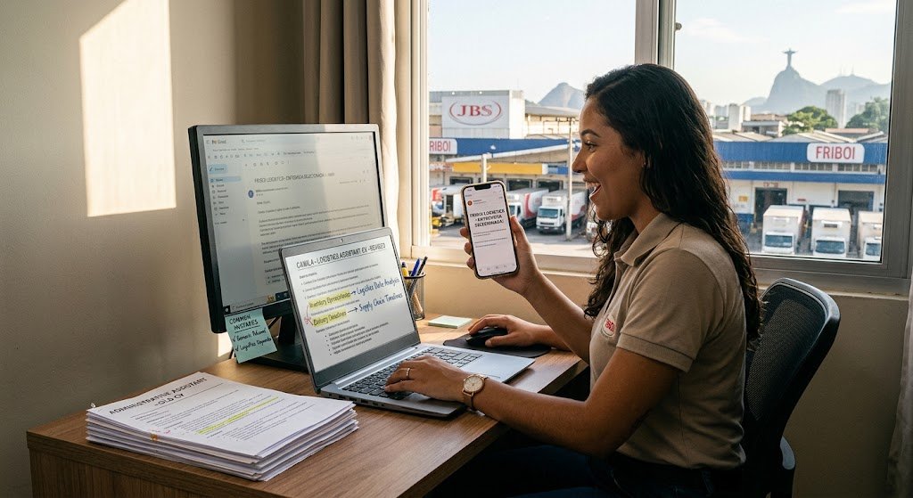 Camila smiling at her desk while holding her phone with an interview confirmation email for the Vaga Assistente de Logística Friboi Belford Roxo, with her laptop open next to her displaying a revised logistics resume.