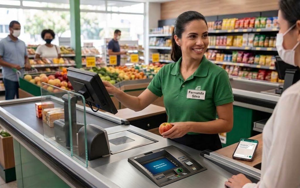 Close-up photo of a cashier job station in a busy supermarket (Loja Adonai Inhoaíba) with a woman in green uniform smiling at a masked customer. Her left hand is on a cash register screen, and a physical resume is open in a clear separator, listing 'EXPERIÊNCIA PROFISSIONAL' and skills, including 'atendimento ao cliente' and 'operação de caixa'. A smartphone is visible next to the resume.