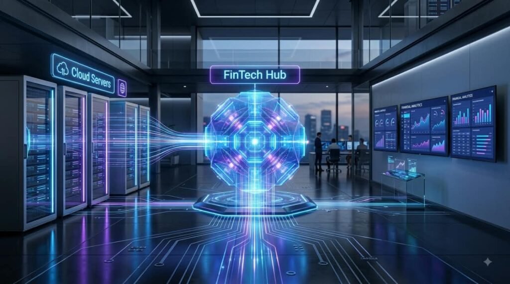 Centralized cloud financial automation platform network connecting global enterprise data pipelines and analytics dashboards.