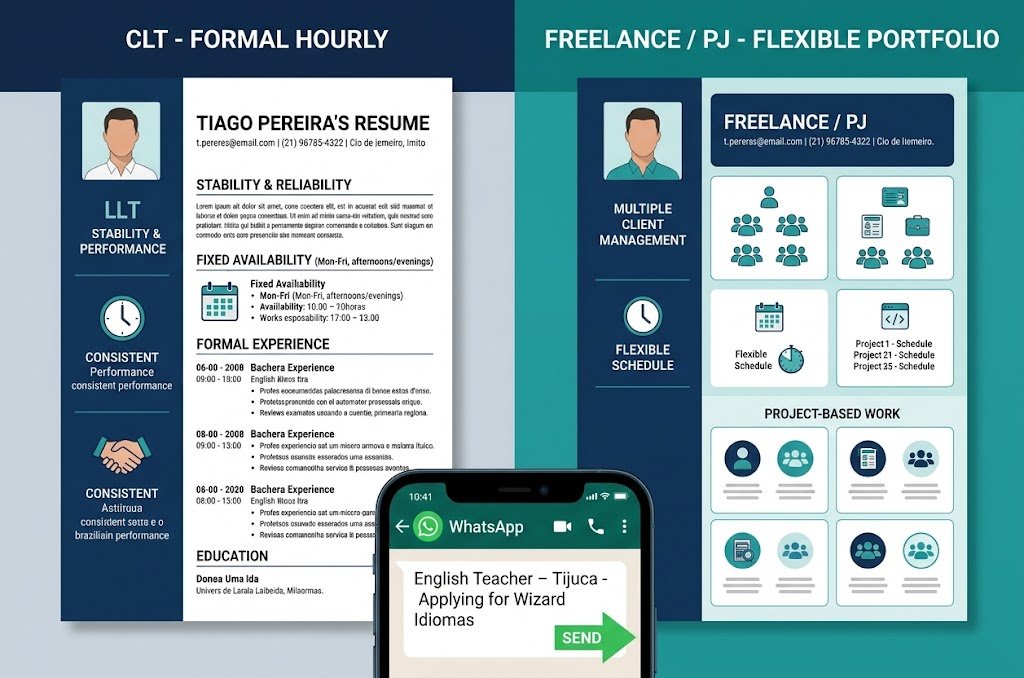 Side-by-side graphic contrasting a structured CLT resume on the left with a flexible Freelance portfolio resume on the right, featuring a WhatsApp application message at the bottom for an English Teacher job in Tijuca.