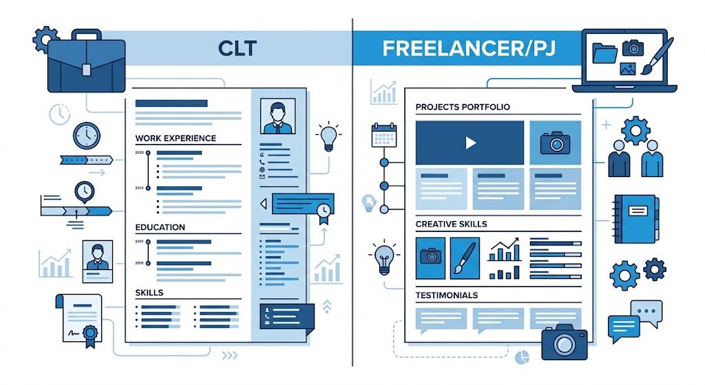 Split-screen comparison graphic showing a formal CLT resume on the left and a Freelancer portfolio resume on the right for an Electrical Assistant job.