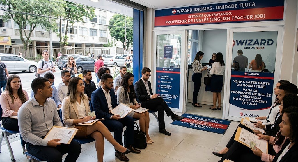 A group of job candidates sitting in a waiting area with their documents and resumes, preparing for in-person interviews at the Wizard Idiomas Tijuca unit for an English Teacher job.