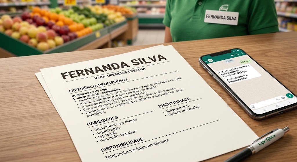 Close-up photo of a Store Floor Operator job resume for 'Fernanda Silva' on a wooden desk, next to a smartphone showing a WhatsApp chat applying for the job.