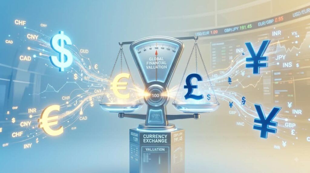 Foreign currency conversion and M&A valuation balance scale concept with floating global currencies USD, EUR, GBP, and JPY.