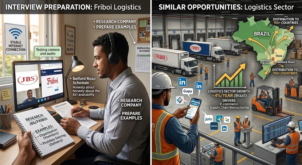 A split graphic showing a candidate preparing for an interview for the Vaga Assistente de Logística Friboi Belford Roxo on the left side, paired with a comprehensive Brazil logistics market overview on the right side.