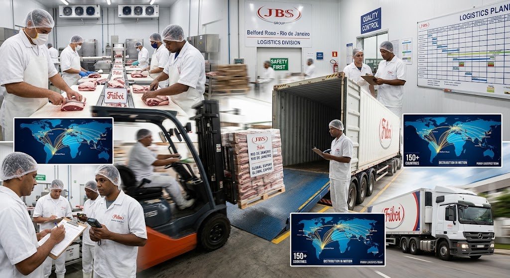A collage showing Friboi logistics operations highlights the scope of the Vaga Assistente de Logística Friboi Belford Roxo, including meat processing, forklift loading, refrigerated trucks, and global distribution maps. For anyone applying for the Vaga Assistente de Logística Friboi Belford Roxo, understanding this entire operational cycle is essential to managing daily transport schedules and inventory control. Ultimately, securing the Vaga Assistente de Logística Friboi Belford Roxo means playing an important role in seamlessly connecting facility production to international markets.