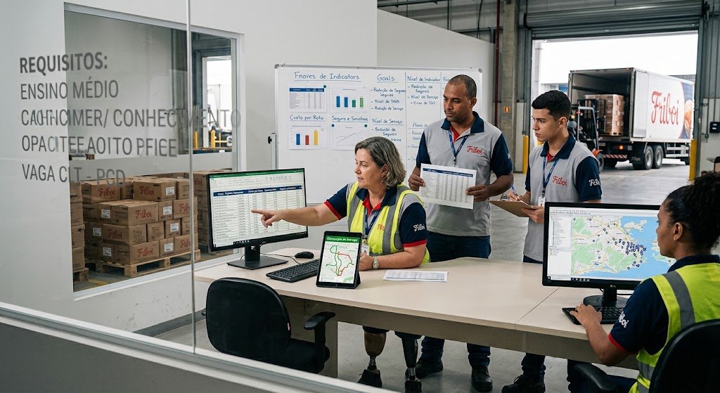 Logistics team members working in an office setting reviewing delivery routes, spreadsheets, and freight indicators for Friboi represent the core operations behind the Vaga Assistente de Logística Friboi Belford Roxo. Professionals securing the Vaga Assistente de Logística Friboi Belford Roxo spend their day analyzing distribution efficiency, coordinating with transport drivers, and maintaining accurate tracking data. Through continuous data monitoring and route optimization, those who land the Vaga Assistente de Logística Friboi Belford Roxo ensure that freight moves efficiently from the plant to local and global markets.