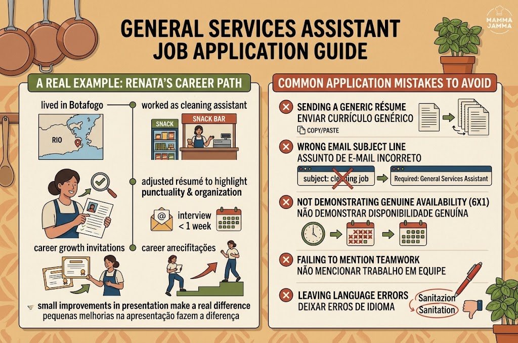 An infographic illustrating Renata's career path story and highlighting common application mistakes to avoid for the General Services Assistant Job.