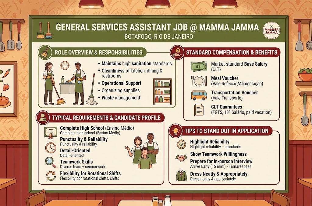 An infographic outlining the General Services Assistant Job at Mamma Jamma in Botafogo, detailing job responsibilities, candidate requirements, CLT benefits, and application tips.