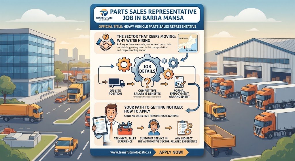 An infographic detailing the Heavy Vehicle Parts Sales Representative Job at Transfuturo Logística in Barra Mansa, including sector demand, job details, and application paths.