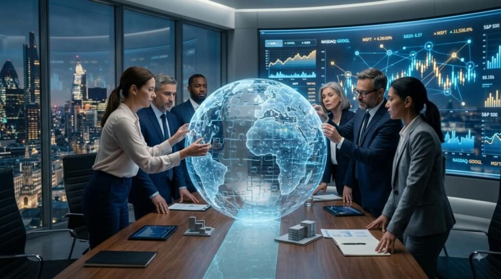 Two corporate executives presenting IFRS consolidation data on an interactive digital desk in a modern studio environment.