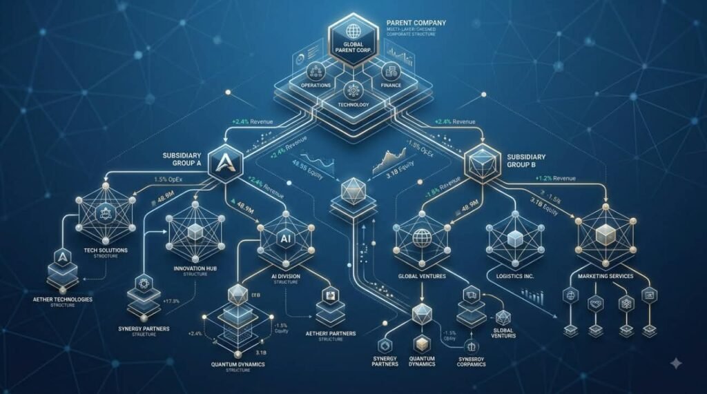 Inter company financial balance network diagram showing connected corporate subsidiaries, parent company data nodes, and automated eliminations.