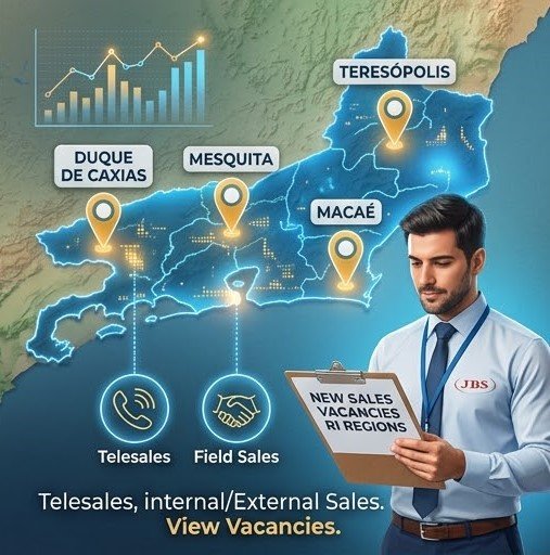 Map of Rio de Janeiro showing JBS sales job openings in Duque de Caxias, Mesquita, Teresopolis, and Macae.