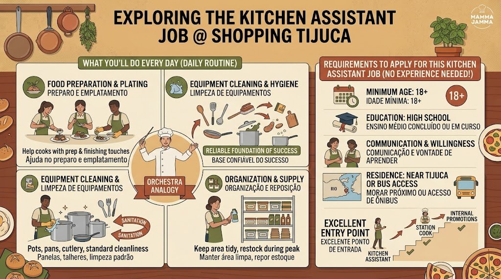 An infographic illustrating the daily routine tasks and minimum application requirements for a Kitchen Assistant Job at Shopping Tijuca.