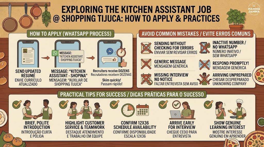 An infographic outlining the WhatsApp application process, common mistakes to avoid, and practical tips for landing the Kitchen Assistant Job at Shopping Tijuca.