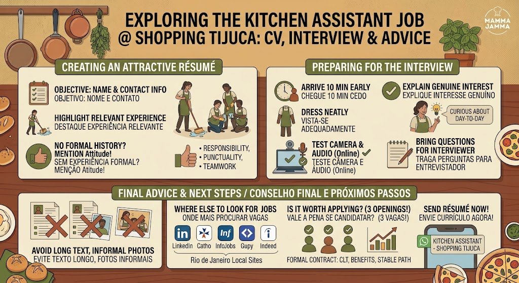 An infographic providing résumé writing best practices, interview preparation steps, and career advice for the Kitchen Assistant Job at Shopping Tijuca.
