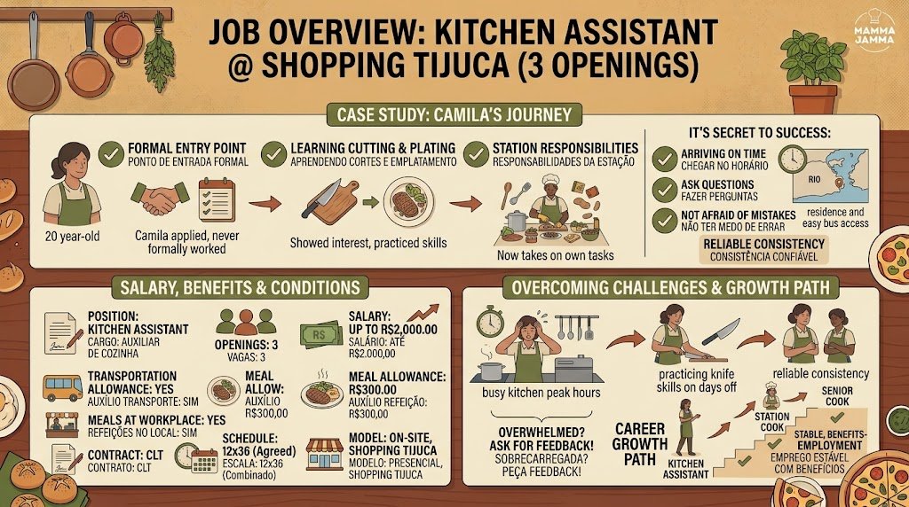 An infographic detailing the salary, benefits, working conditions, and a career growth case study for the Kitchen Assistant Job at Shopping Tijuca.