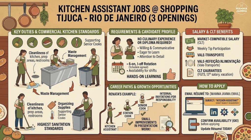 An infographic providing a complete guide to the 3 Kitchen Assistant Jobs open at Shopping Tijuca, detailing core duties, candidate requirements, CLT salary benefits, and application steps.