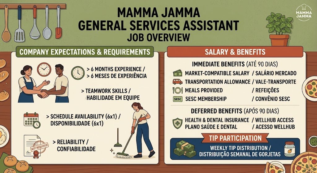 An visual guide outlining the expectations, requirements, salary, and benefits for the General Services Assistant Job at Mamma Jamma in Botafogo.