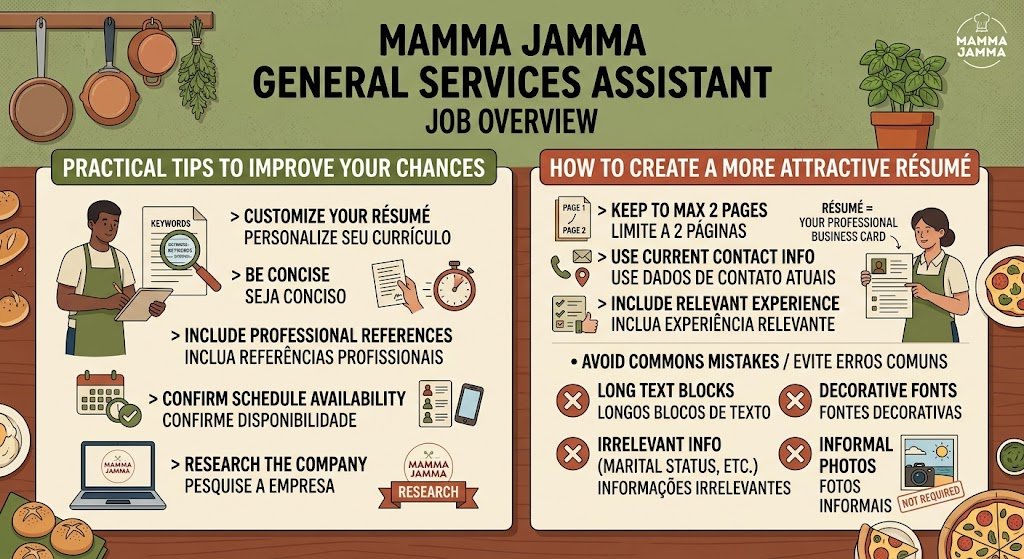 An infographic presenting practical tips and best practices for creating an attractive résumé for the General Services Assistant Job at Mamma Jamma.