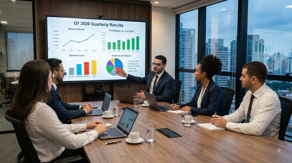Mid-Level Accounting Analyst presenting financial charts and growth metrics in a Track&Field meeting room