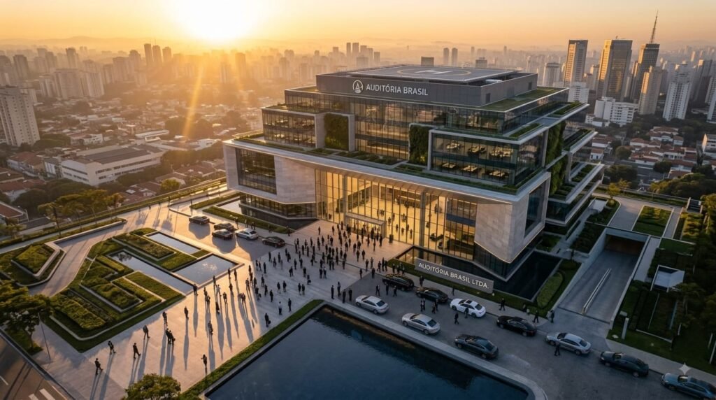 A modern corporate building in Sao Paulo with green rooftop gardens and outdoor terraces where a mid-level accounting analyst works.