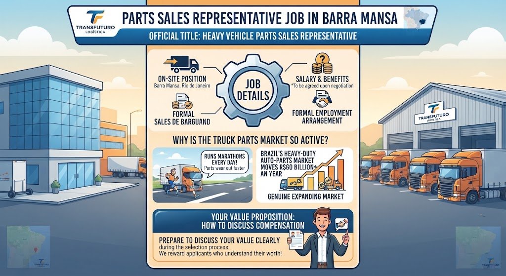 An infographic detailing the position details and active market conditions for the Heavy Vehicle Parts Sales Representative Job at Transfuturo Logística in Barra Mansa.
