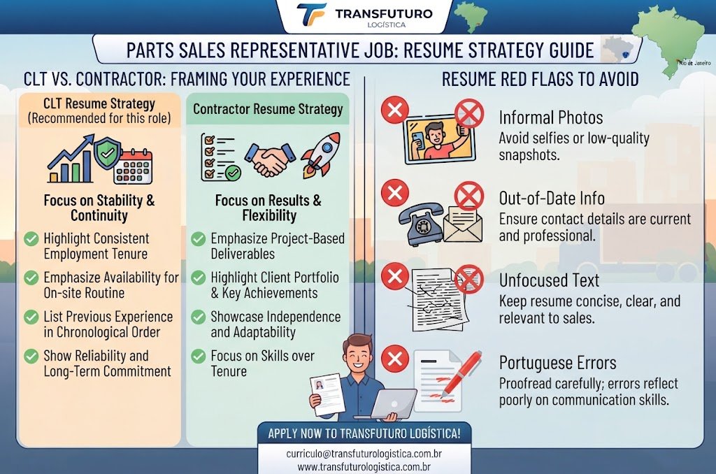 An infographic outlining resume strategies comparing CLT versus contractor formats and listing critical resume red flags to avoid for the Parts Sales Representative Job.