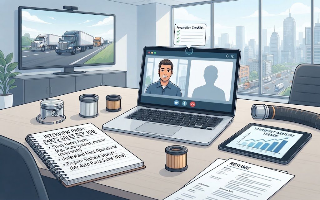 An illustration of a home office workspace featuring a laptop showing a video call, a notebook with interview preparation tips for a parts sales representative job, automotive parts like pistons and filters, a tablet displaying transport industry trends, and a resume on the desk.