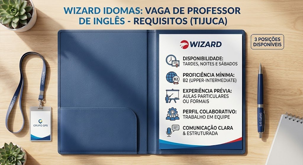 Folder displaying job requirements for an English Teacher job at Wizard Idiomas Tijuca, including B2 proficiency, availability, and team skills.