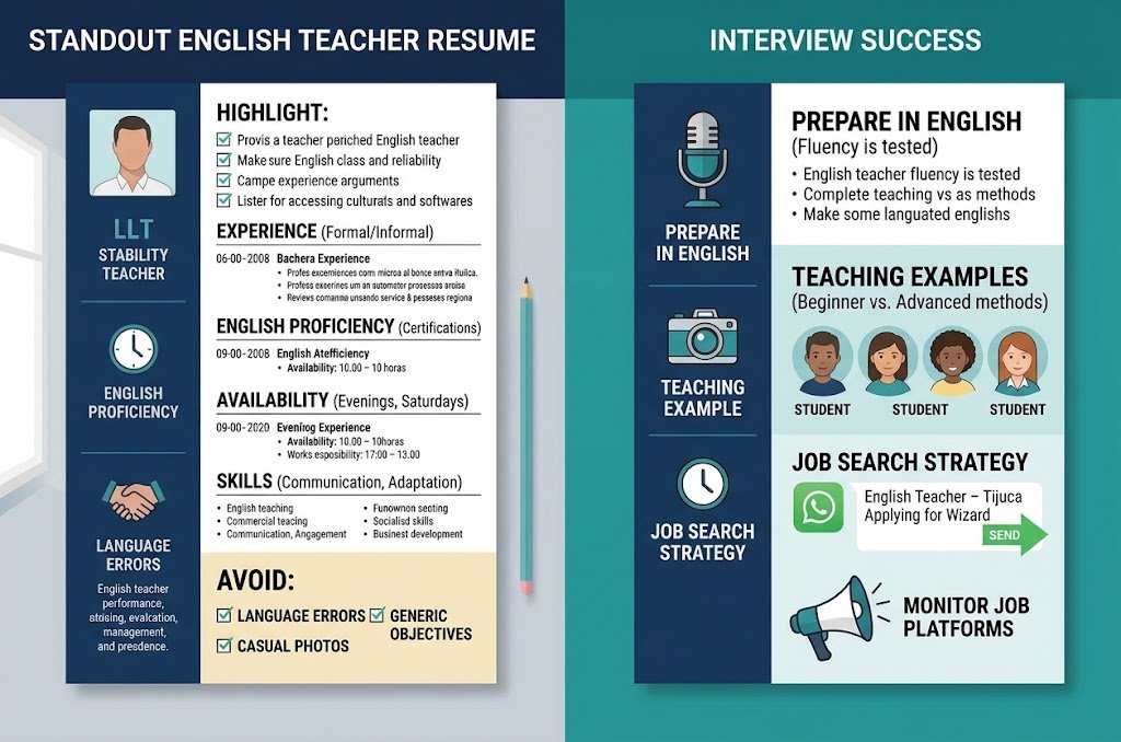 Infographic split into two panels detailing advice for building a standout English teacher job resume on the left and interview success strategies on the right.