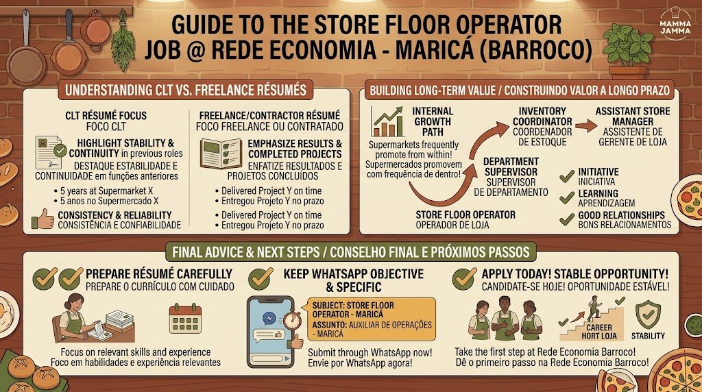 An infographic illustrating the differences between CLT and freelance résumés, career growth paths, and final application advice for the Store Floor Operator Job at Rede Economia.