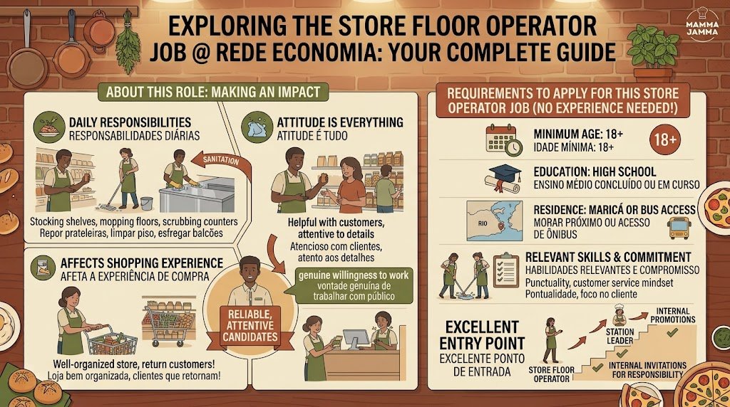 An infographic providing a complete overview of the Store Floor Operator Job at Rede Economia in Maricá, covering daily responsibilities, candidate requirements, impact, and internal career growth.