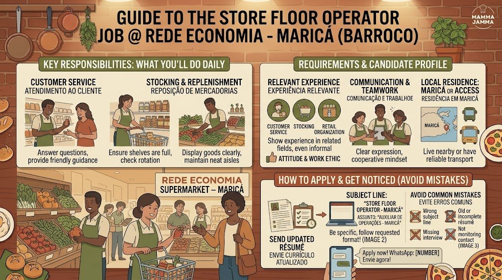 An infographic visual guide detailing key responsibilities, requirements, and application steps for the Store Floor Operator Job at Rede Economia in Maricá (Barroco).