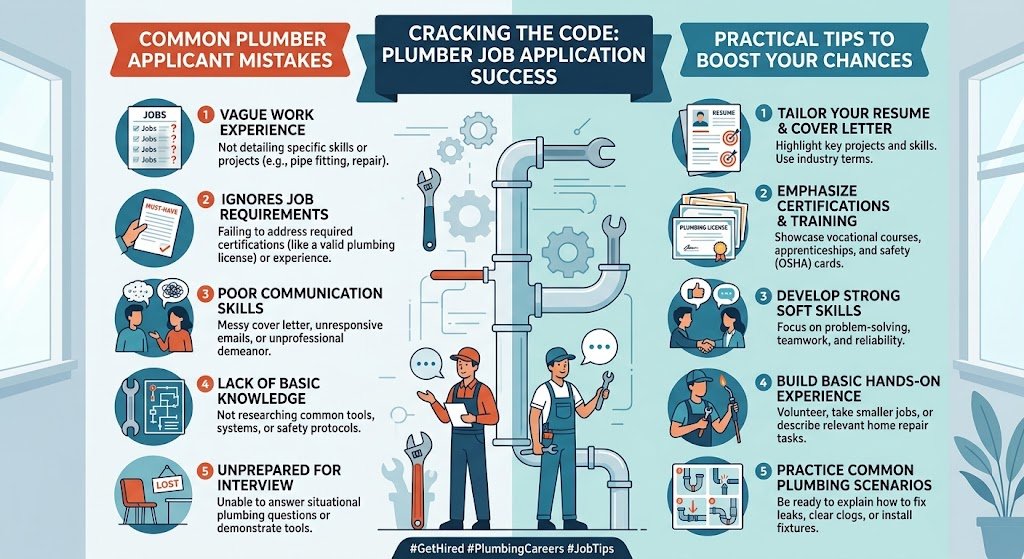 An infographic highlighting common applicant mistakes to avoid (such as generic resumes and typos) alongside practical tips to succeed when applying for a Plumber job.