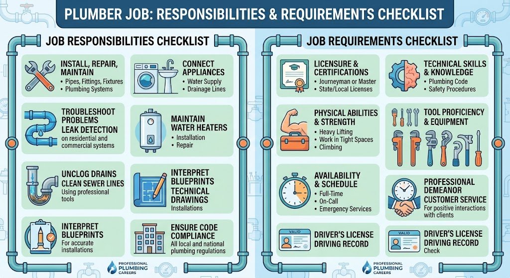 Infographic outlining daily tasks and essential requirements for a Plumber job, including PVC pipe installation, plan reading, and elementary education requirements.