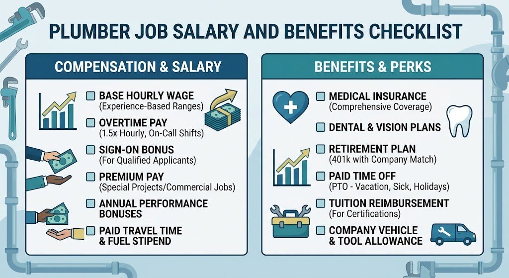 An image illustrating a benefits package for a Plumber job, including salary details, VR card, transportation assistance, health services, and professional growth opportunities.