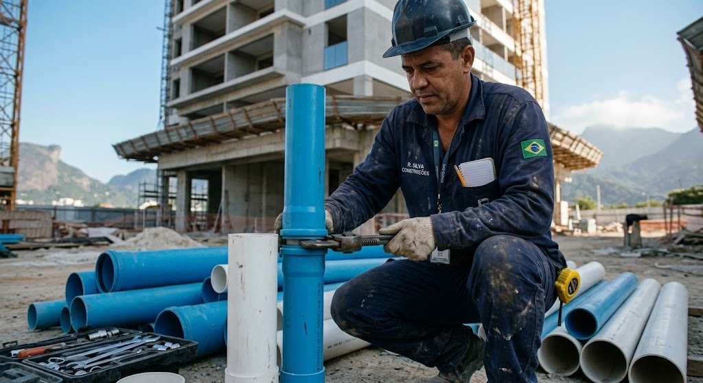 A professional plumber job working at a active construction site in Rio de Janeiro's West Zone, measuring and assembling blue and white PVC water pipes with a wrench and measuring tape.