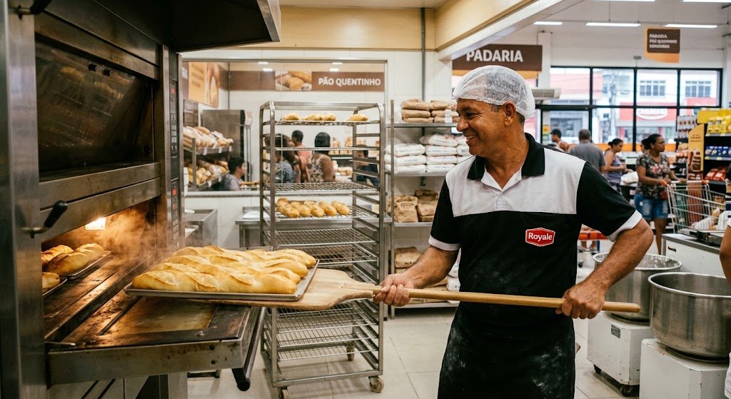 Baker Job – professional baker pulling fresh bread from oven at Pérola Supermercados