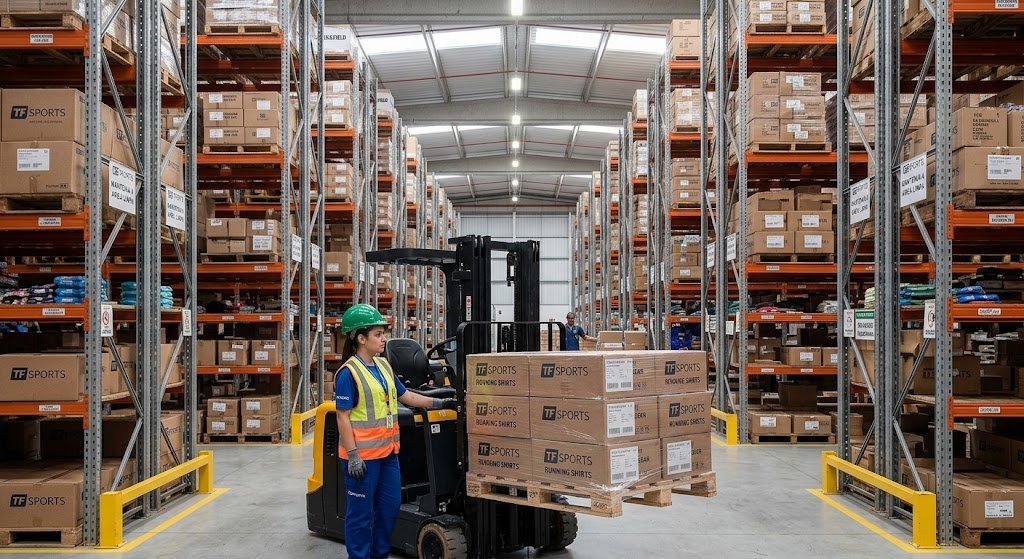 Warehouse Assistant Track&Field operating forklift among TF Sports inventory shelves