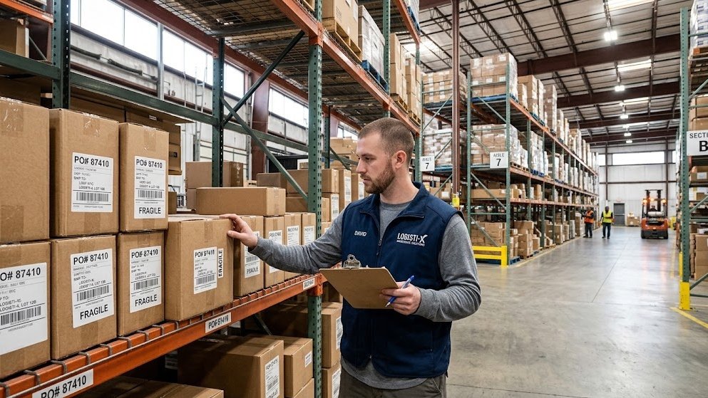 Warehouse Assistant Track&Field employee inspecting labeled boxes on shelving with a clipboard, forklift visible in background