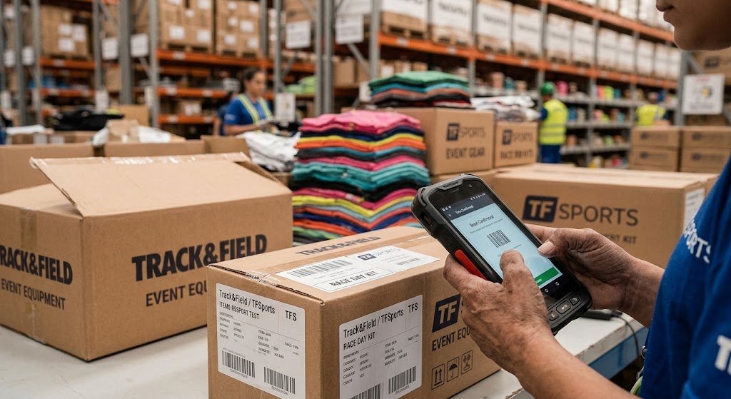 Warehouse Assistant Track&Field employee using a barcode scanner to check TFSports Race Day Kit boxes in the warehouse