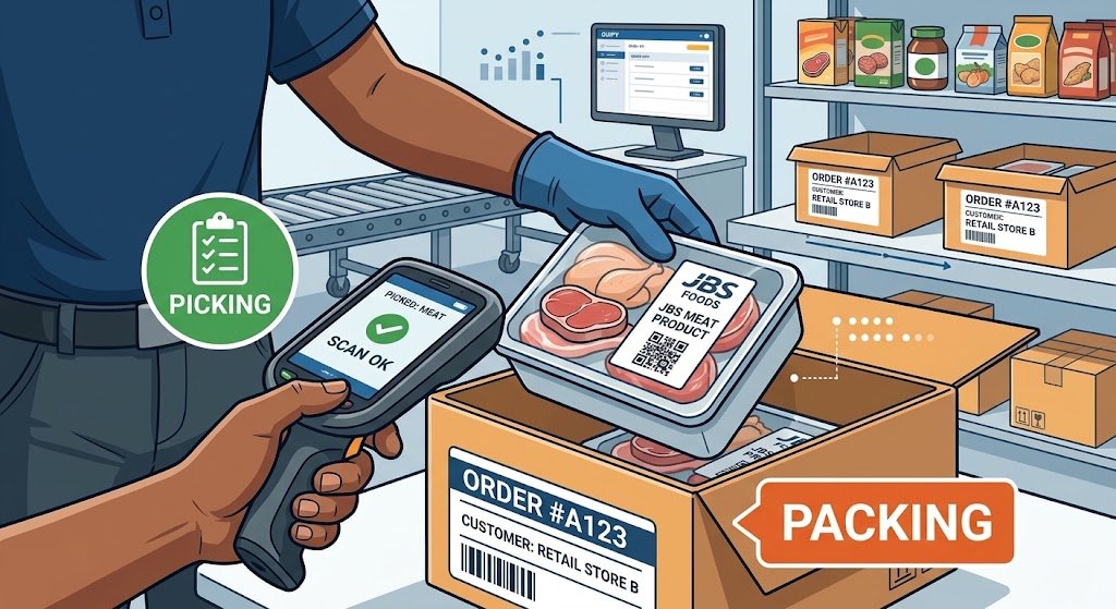 JBS warehouse assistant using a handheld scanner to check meat product boxes during picking and packing order preparation.