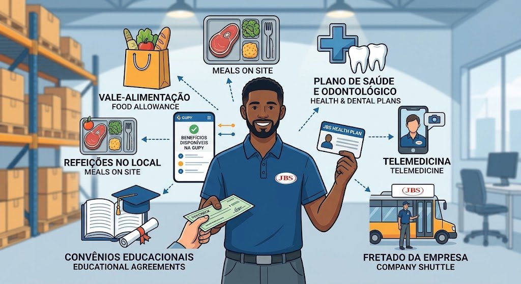 JBS warehouse assistant employee showcasing employee benefits package including food allowance, meals on site, and health plans.