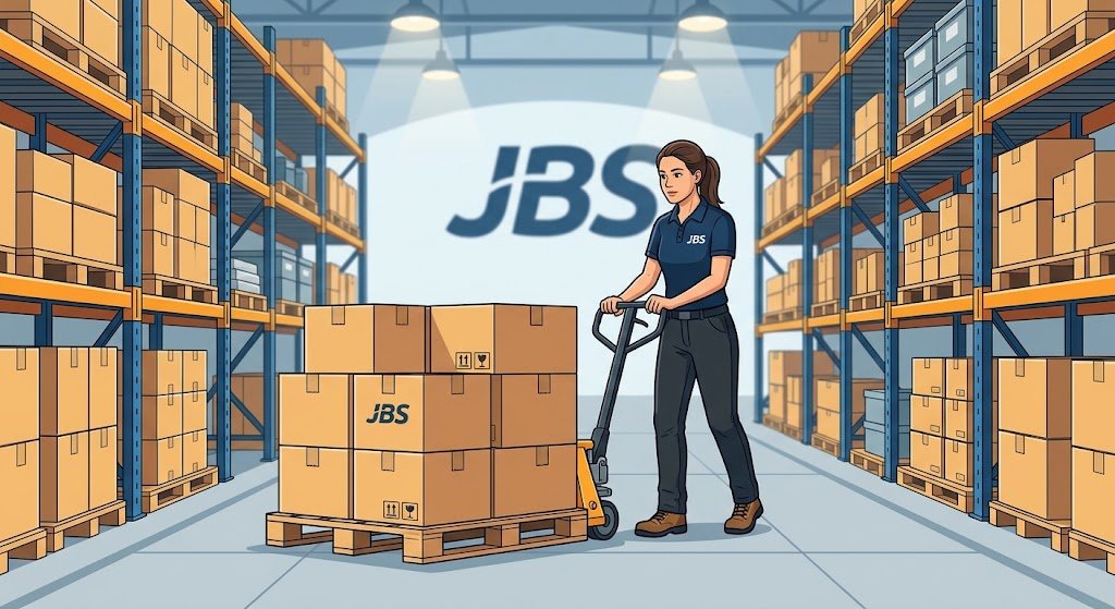 JBS warehouse assistant using a hand pallet jack to move stacked boxes in an organized warehouse aisle.